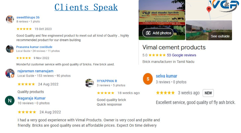 Google reviews for Vimal Cement Products from clients